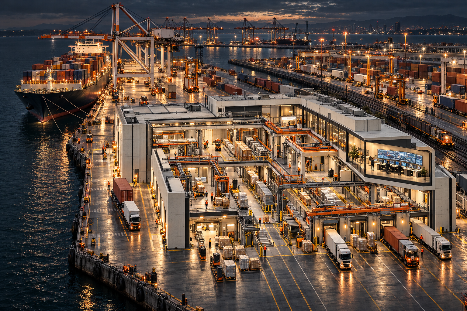 Port operations with cargo ships, cranes and a cutaway logistics terminal