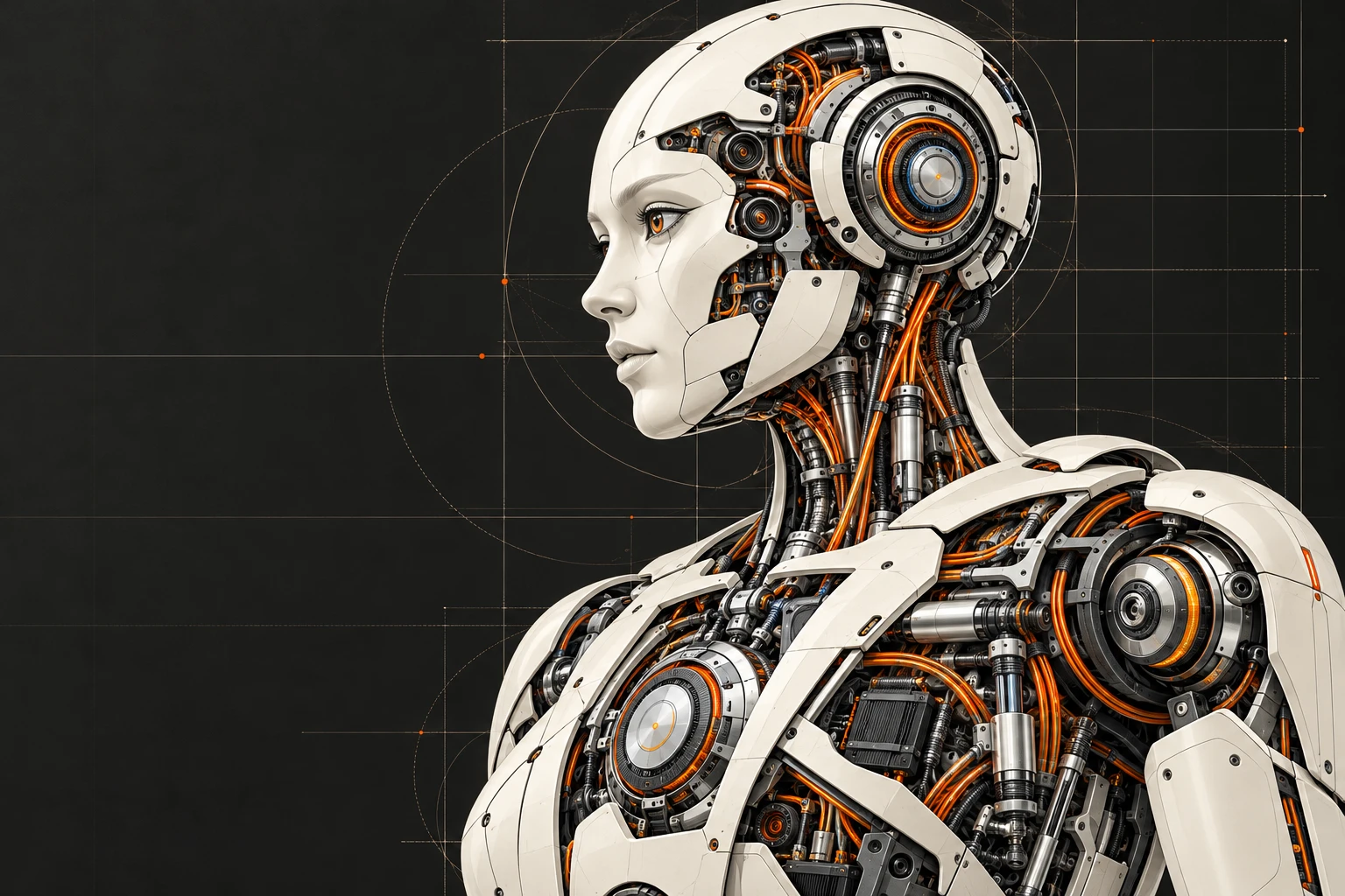 Engineering cutaway of an Amber Tech humanoid robot on a black background